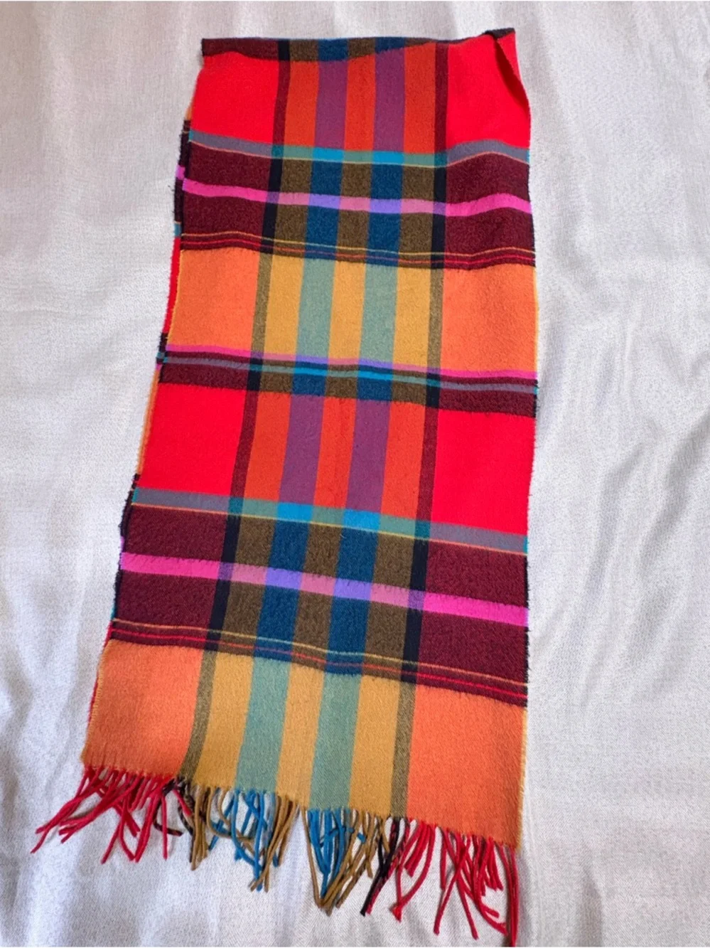 Bright Plaid Fringe Scarf Multicolor Tartan 15”x64”
